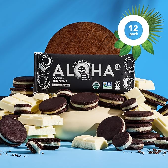 ALOHA Organic Plant Based Protein Bars - Cookies and Creme - 12 Bars, Vegan, Low Sugar, Gluten-Free, Paleo, Low Carb, Non-GMO, No Stevia, No Erythritol