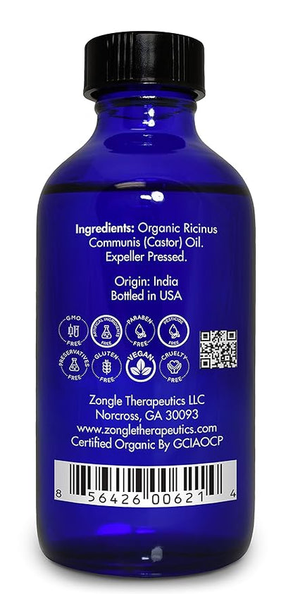Organic, Castor Oil, Therapeutic Grade, for Constipation – 100% Pure, Castor Oil, Cold Pressed, Unrefined, in Glass Bottle, for Face, Hair Growth, Eyelashes, by Zongle Therapeutics, 4 OZ
