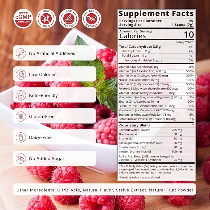 Hormone Balance for Women, Myo & D-Chiro Inositol Powder with Folate & Amino Acid & Ashwagandha - Ovarian Support, Mood Regulation & PMS Relief, Raspberry Lemon, 15 Servings