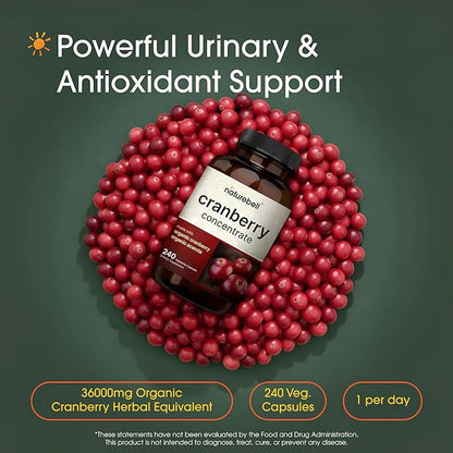 NatureBell Cranberry Concentrate - 240 Capsules - Organic Cranberry Concentrate with Acerola Cherry - Urinary Tract & Prostate Support* - Vegetarian