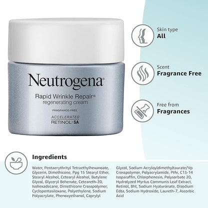 Neutrogena Rapid Wrinkle Repair, Retinol Face Moisturizer, Daily Anti-Aging Neck & Face Cream with Hyaluronic Acid, Retinol Cream, Fragrance-Free, Fades Fine Lines, Wrinkles and Dark Spots, 1.7 oz