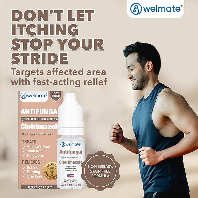 WELMATE Clotrimazole 1% Antifungal Topical Solution, 0.33 fl oz (10mL) – Athlete’s Foot, Jock Itch & Ringworm Treatment, Greaseless, Non-Staining, Fast Relief for Itchy, Cracked, Dry Skin