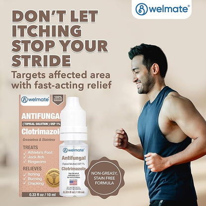WELMATE Clotrimazole 1% Antifungal Topical Solution, 0.33 fl oz (10mL) – Athlete’s Foot, Jock Itch & Ringworm Treatment, Greaseless, Non-Staining, Fast Relief for Itchy, Cracked, Dry Skin