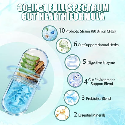 Gut Health Capsule Supplement, Supports Microbiome, Leaky Gut, and Digestion, with 80 Billion CFU Probiotics, Prebiotics, Digestive Enzymes, 30-in-1 Gut Health Supplement, 100 Capsules