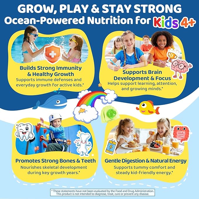 Sea Moss + Elderberry Gummies for Kids & Adults, 19-IN-1 Super Food with Spirulina, Algae Omega 3, Algae Calcium, Ashwagandha, Mushroom, Vitamins D3, C for Immune, Gut, Bone, Energy, Brain,Vegan 60Cts