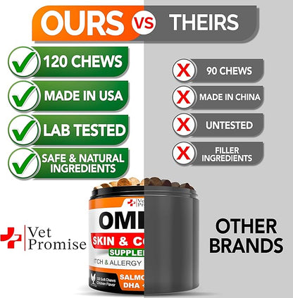 Omega 3 for Dogs - Skin and Coat Supplement - Fish Oil for Dogs Chews - Allergy and Itch Relief - Anti Shedding Supplement - Dry Skin Treatment - Salmon Oil - Made in USA - 120 Soft Treats