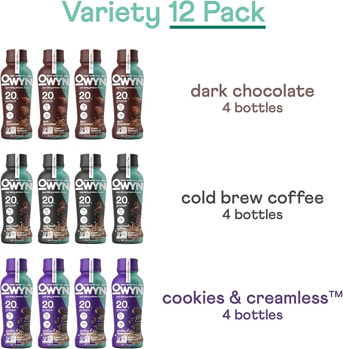 OWYN Only What You Need Protein Shake Variety Pack, Dark Chocolate, Cold Brew Coffee, Cookies and Creamless, 20g Protein, 4g Sugar, 3g Fiber, Dairy Free, Plant Based Protein Drink, 12 CT