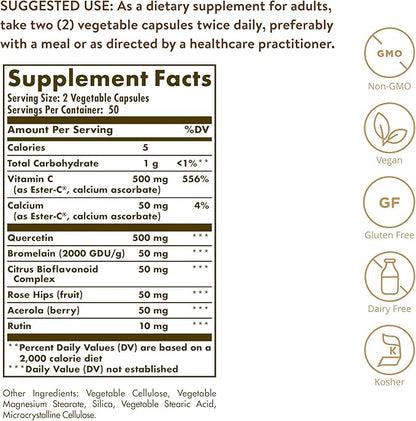Solgar Quercetin Complex with Ester-C Plus, 100 Vegetable Capsules - Supports Immune Health, Antioxidant - Gentle on The Stomach Vitamin C - Non-GMO, Vegan, Gluten/Dairy Free - 50 Servings