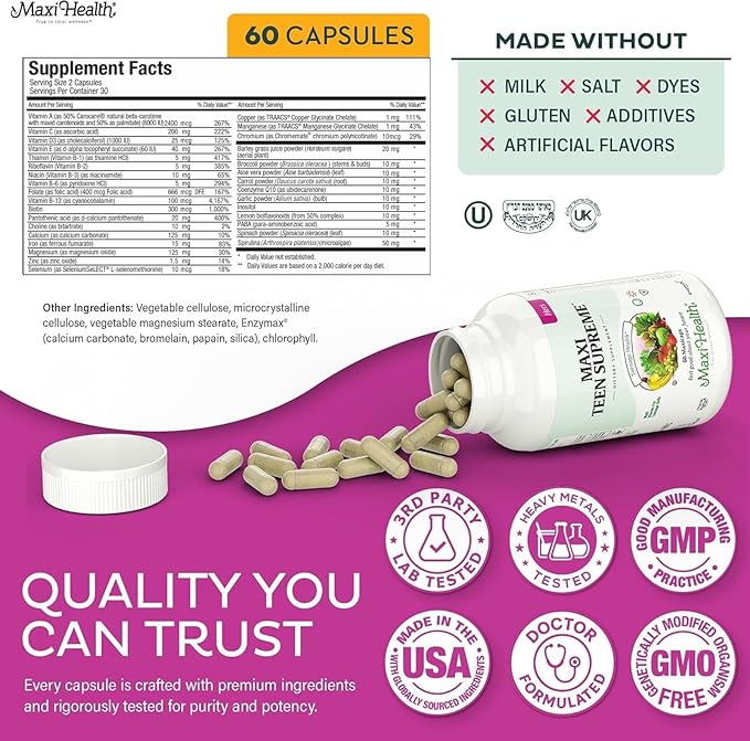 Teen Vitamins for Girls 12-17 - Teen Multivitamin Supreme with D3, Iron, Calcium, Biotin, Digestive Enzymes – Teenager Girl Multi Vitamins for Energy, Immune & Mood Support – 60 Count