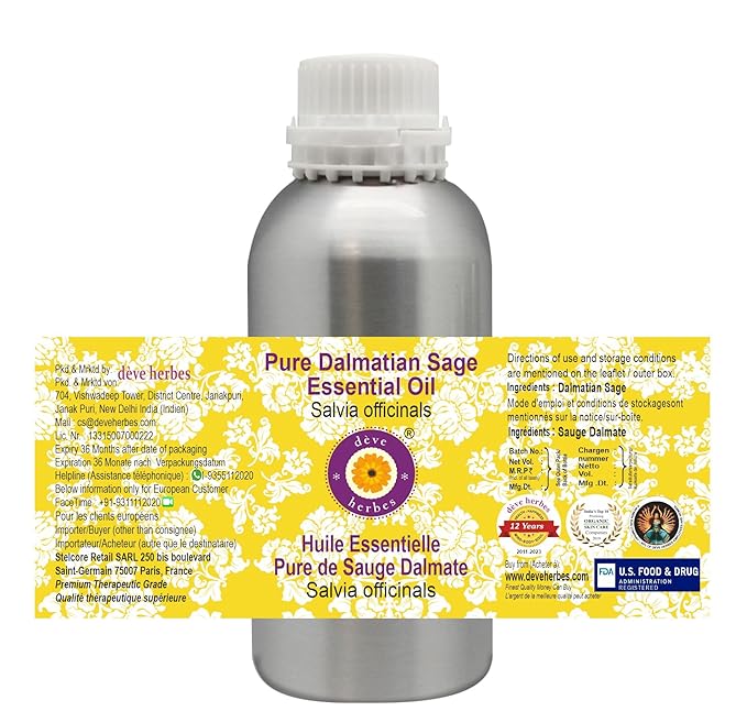 Deve Herbes Pure Dalmatian Sage Essential Oil (Salvia officinals) Steam Distilled 1250ml (42 oz)