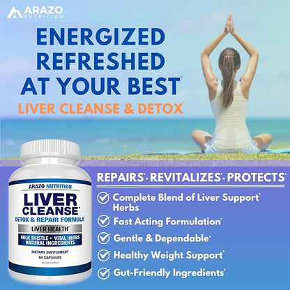 Arazo Nutrition Liver Cleanse Detox & Repair Formula – Milk Thistle Herbal Support Supplement: Silymarin, Beet, Artichoke, Dandelion, Chicory Root (Pack of 2)