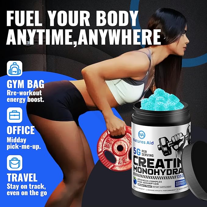 Natures Aid Creatine Monohydrate Gummies (5g) – Pre-Workout Energy & Muscle Growth Support for Men & Women | Blueberry Electrolyte Gummies (135 Count)