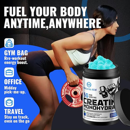 Natures Aid Creatine Monohydrate Gummies (5g) – Pre-Workout Energy & Muscle Growth Support for Men & Women | Blueberry Electrolyte Gummies (135 Count)