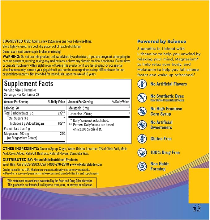 Nature Made Wellblends Sleep and Recover, Sleep Aid with Melatonin 3mg to Support Restful Sleep, plus L theanine 200mg and Magnesium Citrate, 44 Gummies
