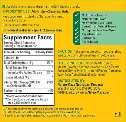 Nature Made Zero Sugar Vitamin D3 Gummies 2000 IU (50 mcg) Per Serving, Bone & Immune Support, Aspartame Free, 110 Vitamin D Gummies, 55 Day Supply, (Pack of 2)