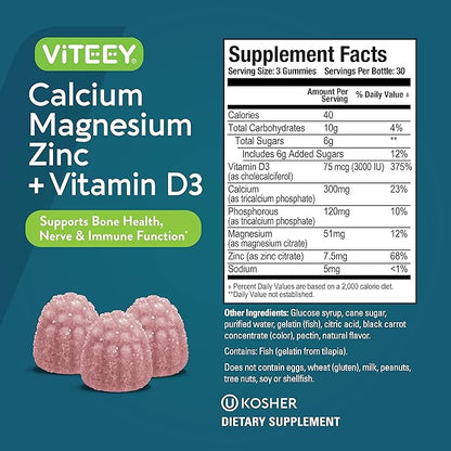 Viteey Calcium Magnesium Zinc Gummies with Vitamin D3 - Supports Bone Health, Nerve & Immune Function - Calcium Magnesium Zinc D3 for Adults & Teens - GMO Free - Chewable Raspberry Flavored Gummy