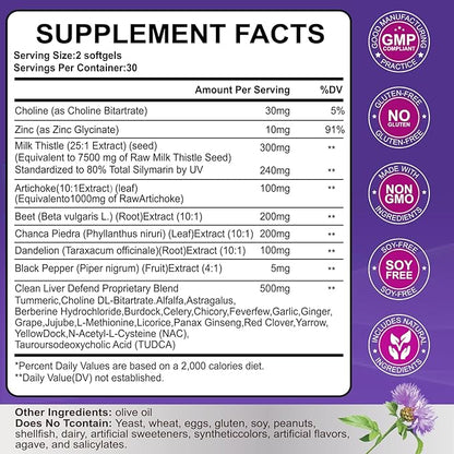 Liver Cleanse Detox & Repair - Herbal Liver Support Milk Thistle Supplement, 7500mg Strength Liver Health Support with Silymarin Artichoke Extract Dandelion Beet TUDCA Choline NAC, 60 Softgels