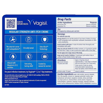 Vagisil Regular Strength Anti-Itch Feminine Cream for Women, Gynecologist Tested, Hypoallergenic, Fast-acting and Long-lasting Itch Relief, Vaginal Moisturizer Soothes and Cools, 1 oz (Pack of 2)