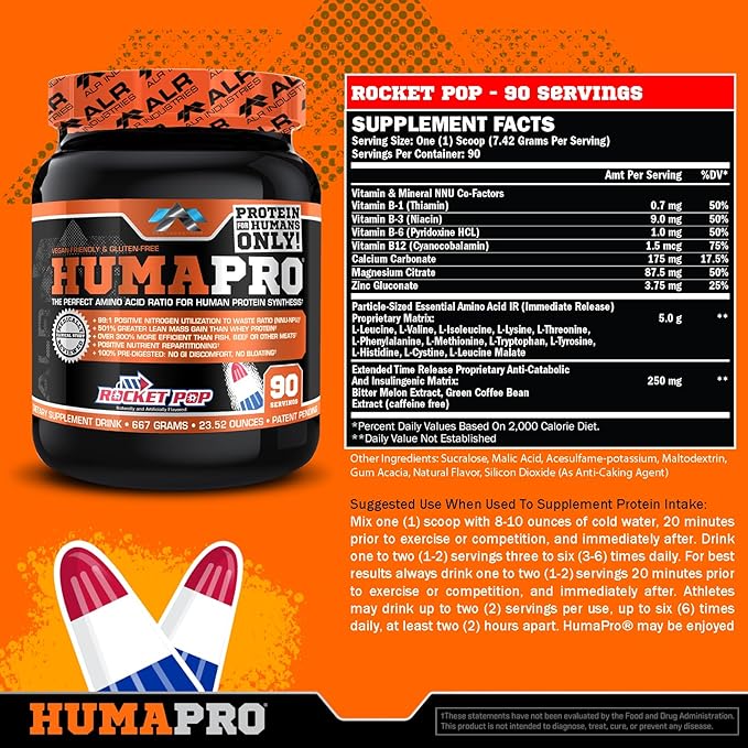 HumaPro Essential Amino Acid Formula | EAA Protein Supplement | Supports Muscle Recovery & Performance | Vegan, Gluten Free | | 90 Servings (Rocket Pop)