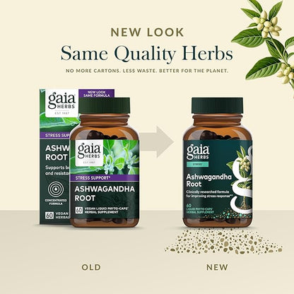 Gaia Herbs Ashwagandha Root - Stress Relief & Sleep Support Supplement - Supports Balanced Energy Levels & Positive Outlook* - 60 Vegan Liquid Phyto-Caps (30 Servings)