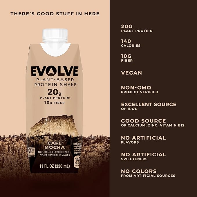 Evolve Plant Based Protein Shake, Café Mocha, 20g Vegan Protein, Dairy Free, No Artificial Sweeteners, Non-GMO, 10g Fiber, 11oz, (24 Pack) (Formula May Vary)