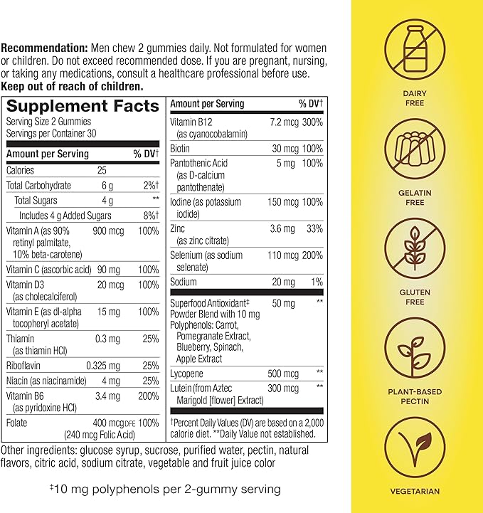 Nature's Way Alive! Men’s 50+ Daily Gummy Multivitamins, Supports Healthy Brain, Eyes, Heart*, B-Vitamins, Gluten-Free, Fruit Flavored, 60 Gummies (Packaging May Vary)