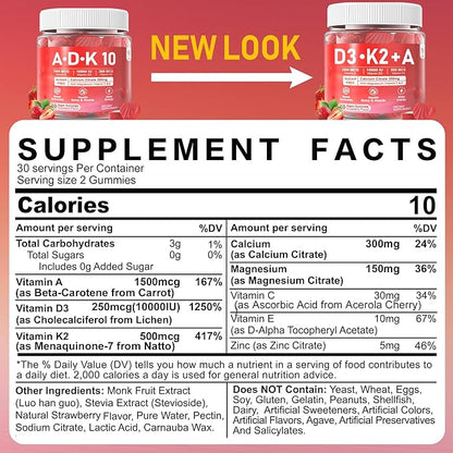 Vitamin D3 + K2 + A Gummies 5000IU/10000 IU - Vitamin D3 Con K2 Supplement with Calcium Magnesium Zinc, Vitamin C & E, High Dose Ultimate Absorbency for Bones, Muscles, Teeth, Vision, Vegan 2 Packs