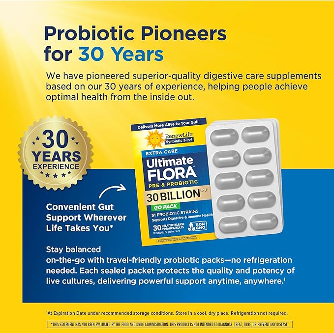 Renew Life Extra Care Go-Pack Probiotic Capsules, Daily Supplement Supports Immune, Digestive and Respiratory Health, L. Rhamnosus GG, Dairy, Soy and gluten-free, 30 Billion CFU, 30 Ct