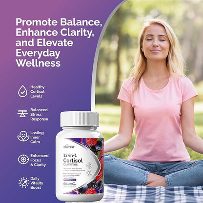 Cortisol Reducer Gummies for Women Men - 13-in-1 Daily Cortisol Detox Manager for Stress Focus Mood & Health Balance Support - Reduce High Cortisol with Ashwagandha Magnesium L-Theanine