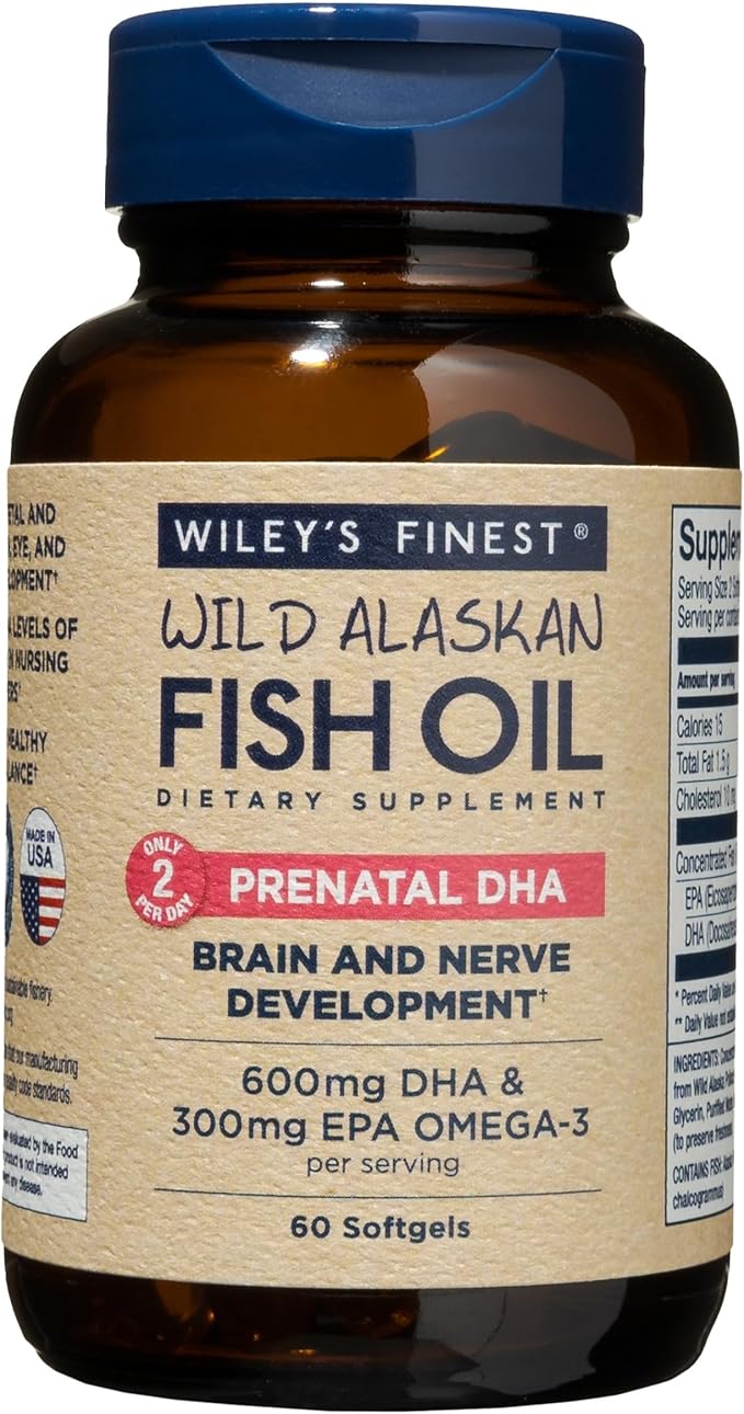 Wiley's Finest Wild Alaskan Fish Oil Prenatal DHA - 900mg EPA and DHA Omega-3s for Pregnant Women and Nursing Mothers - 60 Softgels (30 Prenatal Vitamin Servings)