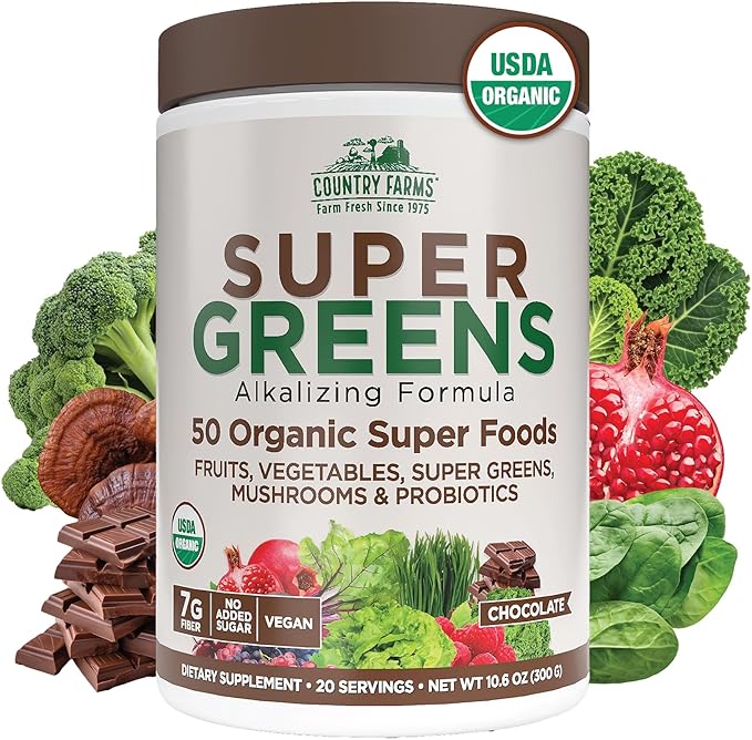 Country Farms Organic Super Greens Chocolate Flavor, 50 Organic Super Foods, USDA Organic Drink Mix, Packed with Fiber, Fruits, Vegetables, Mushrooms & Probiotics, Supports Energy, 7g Fiber