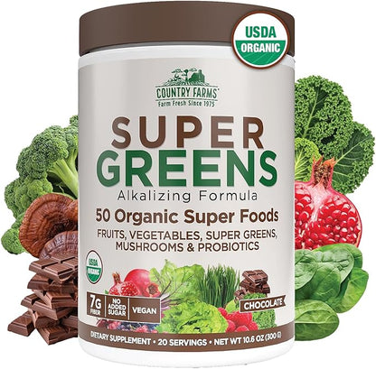 Country Farms Organic Super Greens Chocolate Flavor, 50 Organic Super Foods, USDA Organic Drink Mix, Packed with Fiber, Fruits, Vegetables, Mushrooms & Probiotics, Supports Energy, 7g Fiber