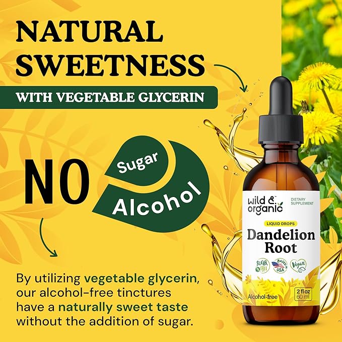 Wild & Organic Dandelion Root Supplement - Liver Detox Cleanse Support - Dandelion Root Tincture - Add to Tea - Herbal Liver Supplement - Vegan, Sugar & Alcohol-Free Liquid Extract Drops - 2 fl oz