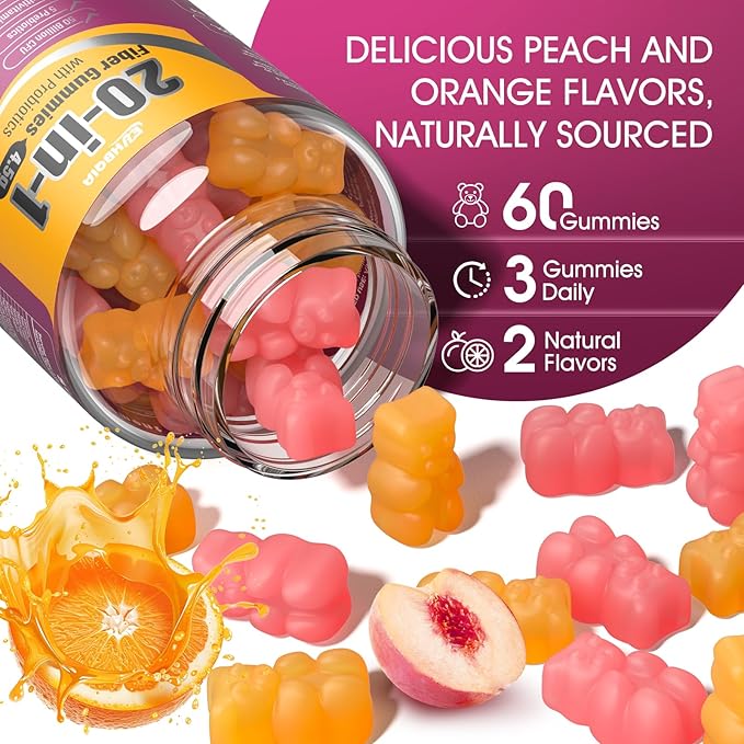 Fiber Gummies for Adults Fiber Supplement 4.5g 20-in-1 Probiotic Gummies Inulin Prebiotic psyllium Husk Powder Organic Supplement, Support for Gut Digestive Health, 60-Count, Orange & Peach