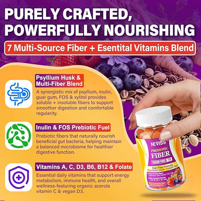 Fiber Gummies for Adults with Psyllium Husk, 7G(Soluble + Insoluble) Daily Prebiotic Fiber with Inulin, FOS, Guar Gum, Multivitamins for Daily Digestive Health, Regularity Support,Sugar Free,Pack of 2