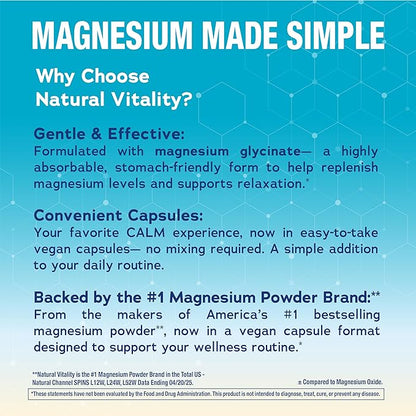 Natural Vitality Calm, Magnesium Glycinate Supports Bone, Muscle, Heart, & Nerve Health, Non-GMO, Vegan, Gluten Free 180ct
