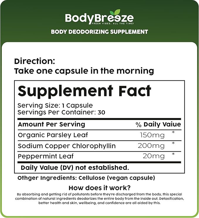 Internal Deodorant Supplement | Natural Chlorophyll 60 Capsules for Body Odor Control, Gut Health, and Fresh Breath | Vegan, Detox Support & Skin Health | Odor Eliminator for Men & Women