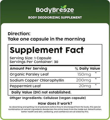 Internal Deodorant Supplement | Natural Chlorophyll 60 Capsules for Body Odor Control, Gut Health, and Fresh Breath | Vegan, Detox Support & Skin Health | Odor Eliminator for Men & Women