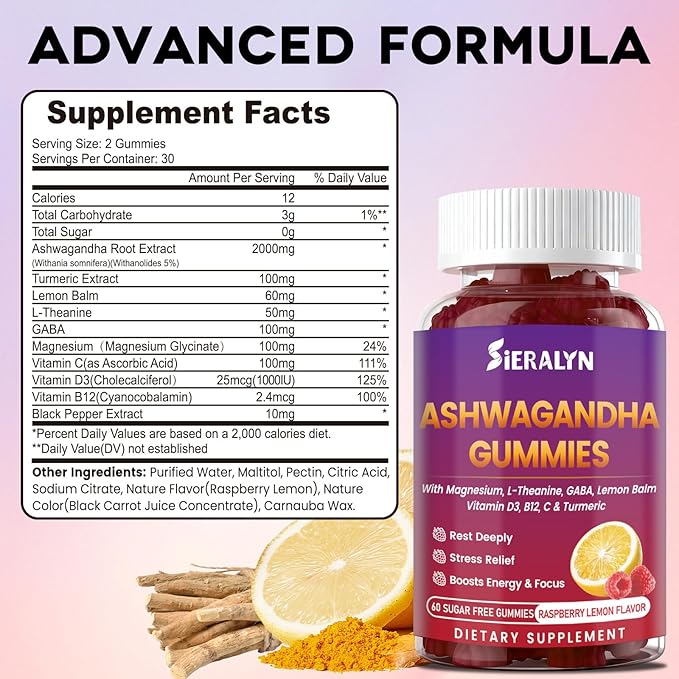 Ashwagandha Gummies 2000mg, Ashwagandha Supplements for Women Men with L-Theanine, GABA, Magnesium, Vitamins – Stress Relief, Immune & Mood Support, Sugar-Free, Vegan, Non-GMO, 120 Count