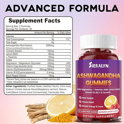 Ashwagandha Gummies 2000mg, Ashwagandha Supplements for Women Men with L-Theanine, GABA, Magnesium, Vitamins – Stress Relief, Immune & Mood Support, Sugar-Free, Vegan, Non-GMO, 120 Count