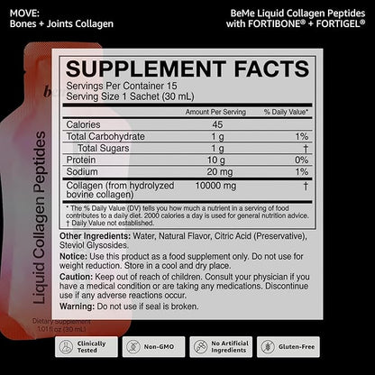 BeMe Wellness FORTIBONE Collagen Peptides - Liquid Collagen for Joint & Bone Health with 10,000mg FORTIBONE & FORTIGEL - Ready to Drink Sachets, Backed by Clinical Studies, Bone Density - 15 Servings
