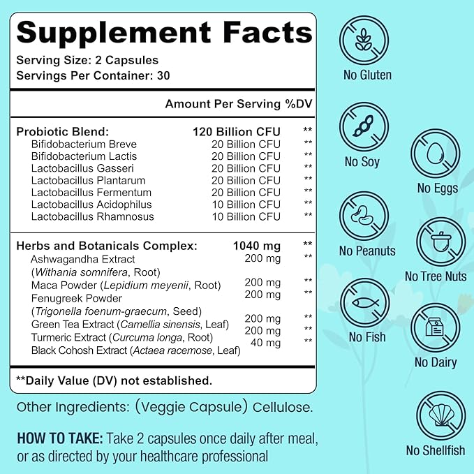 Menopause Supplements for Women, 120 Billion CFU Probiotic, 13-in-1 Herbs Probiotics Complex, for Menopause Relief, Hormone Balance, Hot Flashes, Night Sweats, Mood Swings, Gut & Immunity - 60 Capsule