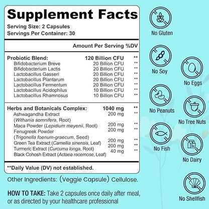 120 Billion CFU Probiotic - Menopause Support Probiotics for Women, Natural Menopause Probiotic Supplement for Hot Flashes Night Sweats Mood Swings Hormone Balance Gut & Immune Health- 120 Caps