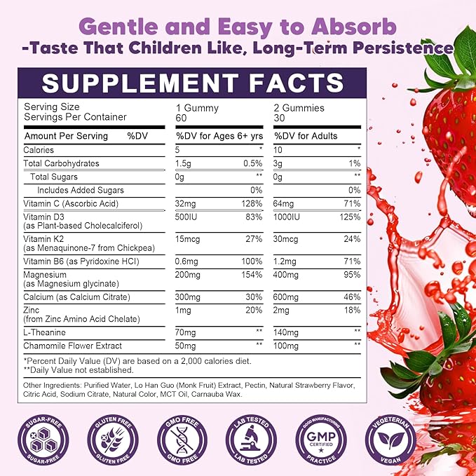 Magnesium Glycinate Gummies for Kids & Adults - 400/200mg Magnesium Supplement with L-Theanine, Chamomile, D3 & K2, Kids Sleep Gummies Melatonin Free, for Zzz & Relax, Cognition - Sugar Free, 60 Ct