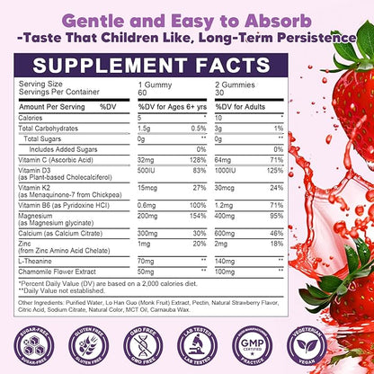 Magnesium Glycinate Gummies for Kids & Adults - 400/200mg Magnesium Supplement with L-Theanine, Chamomile, D3 & K2, Kids Sleep Gummies Melatonin Free, for Zzz & Relax, Cognition - Sugar Free, 60 Ct