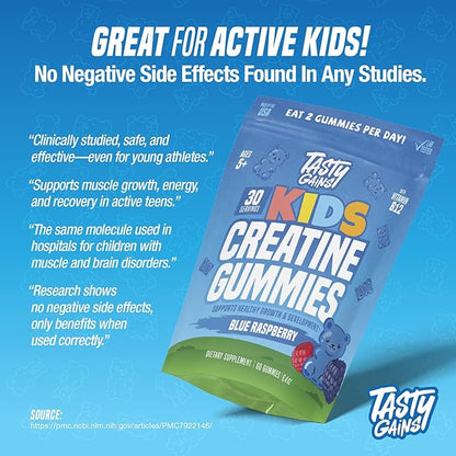 TASTY GAINS Kids Creatine Gummies with Vitamin B12 for Growth Support, Kids Vitamin Gummies for Daily Nutrition Support, Gummy Vitamins for Kids, Easy Chew Supplement for Children