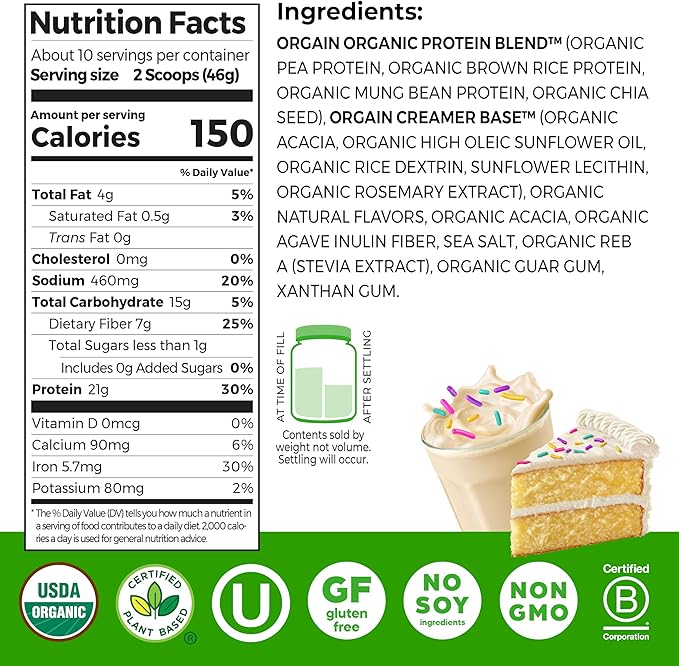Orgain Organic Vegan Protein Powder, Birthday Cake - 21g Plant Based Protein, 7g Prebiotic Fiber, Low Net Carb, No Lactose Ingredients, No Added Sugar, Non-GMO, for Shakes & Smoothies, 1.02 lb