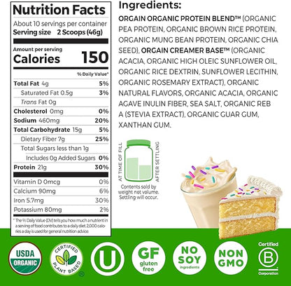 Orgain Organic Vegan Protein Powder, Birthday Cake - 21g Plant Based Protein, 7g Prebiotic Fiber, Low Net Carb, No Lactose Ingredients, No Added Sugar, Non-GMO, for Shakes & Smoothies, 1.02 lb