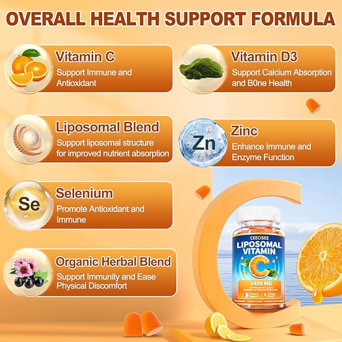 Liposomal Vitamin C Gummy for Adults: Organic Chewable Extra Strength Vitamin C and Zinc Gummies Plus Zinc D3 Elderberry Echinacea - Natural Orange Flavor Sugar Free Immune Support(120Count)