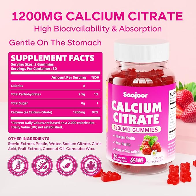 Calcium Citrate Gummies 1200 mg - High Absorption Calcium for Strong Bones, Muscles & Immune Support - Vegan, Non-GMO, Natural Strawberry Flavor, 60 Count